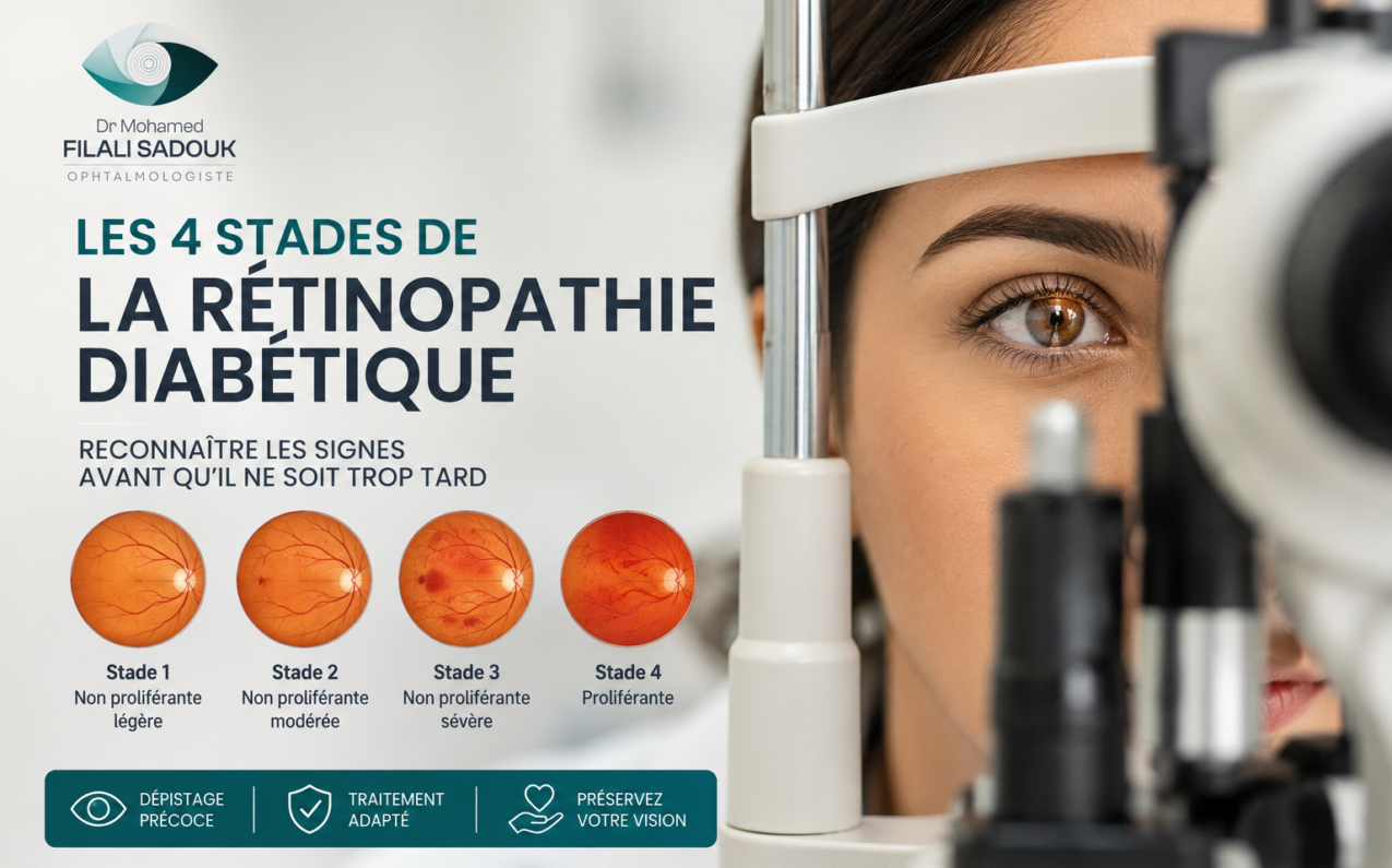 Découvrez les 4 stades de la rétinopathie diabétique, les symptômes, les risques et l'importance d'un dépistage précoce avec le Dr Mohamed Sadouk Filali, ophtalmologue à Fès.