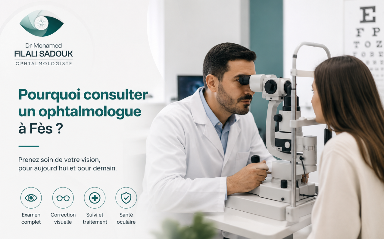 Ophtalmologue Fès : découvrez quand consulter, pourquoi réaliser un bilan visuel et comment surveiller votre santé oculaire avec le Dr Filali Sadouk.