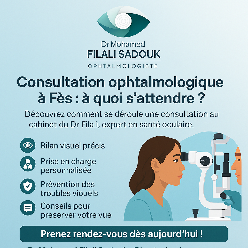 Consultation ophtalmologique à Fès : à quoi s'attendre ? — Flyer carré professionnel pour consultation ophtalmologique à Fès avec le Dr Mohamed Sadouk Filali, p