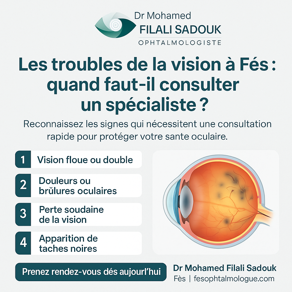 troubles de la vision fréquents — Les troubles de la vision à Fès : quand faut-il consulter un spécialiste ? — Flyer éducatif carré professionnel pour Dr Mohame
