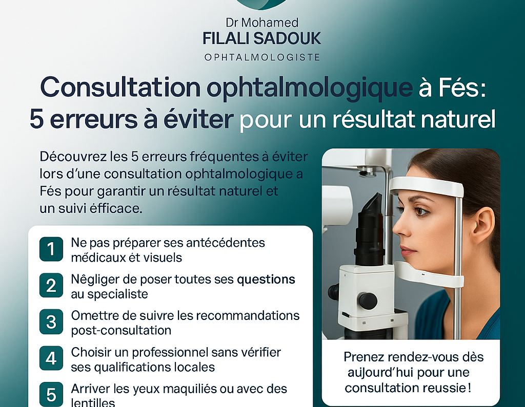 Consultation ophtalmologique à Fès : 5 erreurs à éviter pour un résultat naturel — Flyer éducatif en français pour une consultation ophtalmologique à Fès avec D
