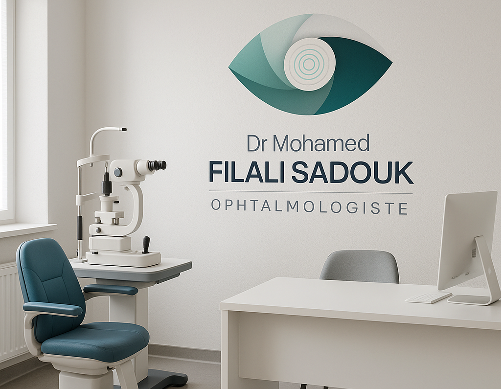Consultation ophtalmologique à Fès — A modern ophthalmology consultation room with an eye exam chair and equipment, feat