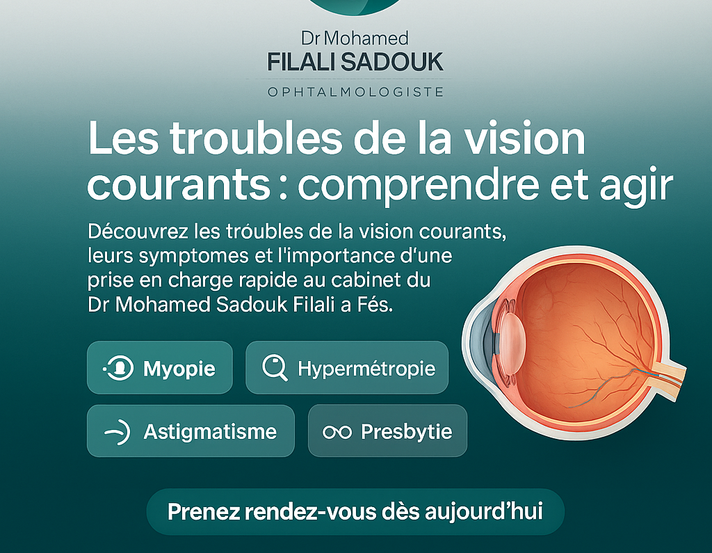 Les troubles de la vision courants : comprendre et agir — Flyer carré professionnel pour Dr Mohamed Sadouk Filali, ophtalmologue à Fès, présentant les troubles